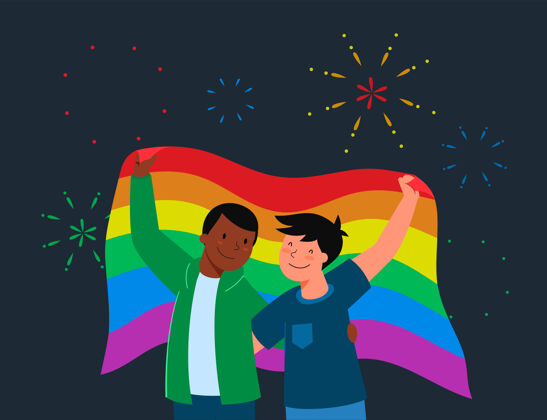 同性恋普拉德同志节骄傲的概念男同性恋夫妇举行同志旗帜社区男人可爱