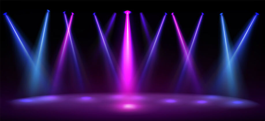 室内舞台由蓝色和粉色聚光灯照亮 地板上有光点的空旷场景演播室剧院或俱乐部内部彩色灯光的真实插图演出闪光透明