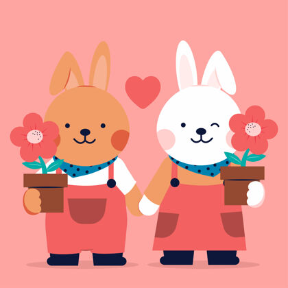 卡通一对可爱的兔子和鲜花快乐平淡兔子