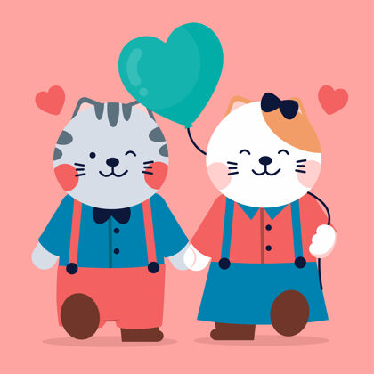 爱情人节的庆祝活动两只猫和一个心形气球一起散步问候猫爱快乐