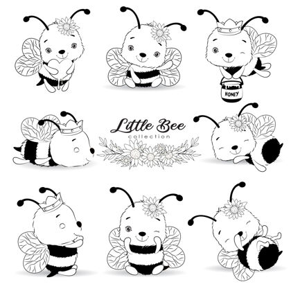 动物可爱的小蜜蜂摆出轮廓收集素描新生儿搞笑