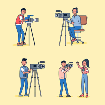 卡通卡通风格集电视录像员和记者用卡通人物报道新闻 差异动作孤立平面插画工人现场动作