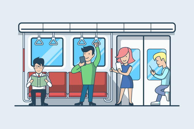 车厢线性平人在地下客车或铁路车厢插画交通和移动一代的概念男孩和女孩与智能手机 商人 阅读书籍大纲薄笔画