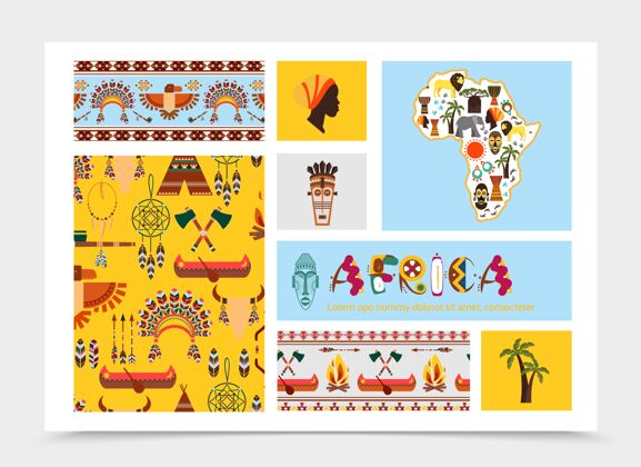 象征平面非洲本土元素与动物组成非洲地图部落面具民族和传统符号插图元素非洲非洲