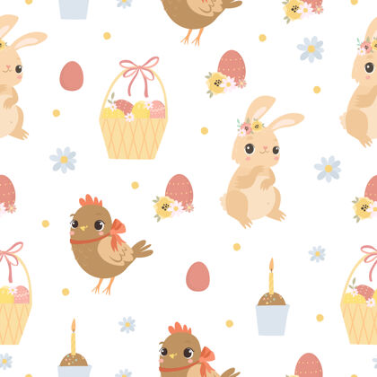 兔子复活节与动物无缝图案复活节鸡蛋蛋糕