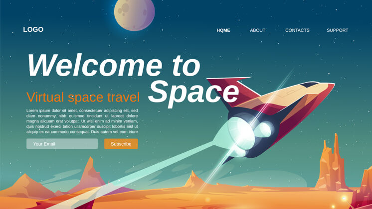 宣传片欢迎来到太空卡通登陆页 太空船从外星表面起飞火箭虚拟登陆页