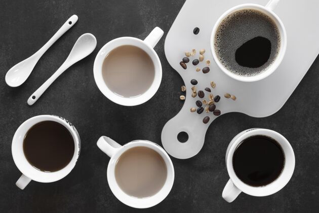 咖啡杯桌上有几杯咖啡顶视图马克杯咖啡