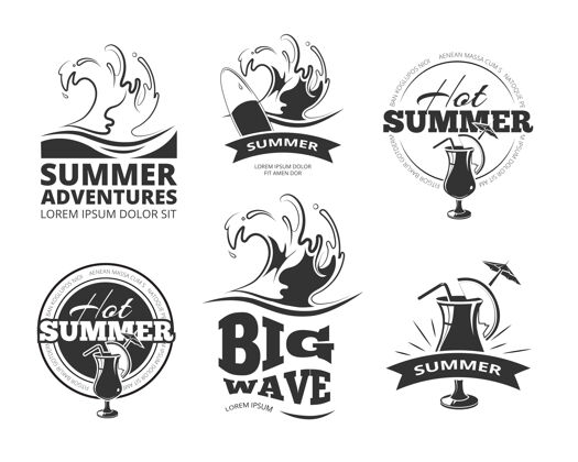集夏季标签或夏季探险设置标志风格木板冲浪