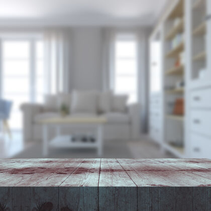 三维渲染一张木制桌子的3d渲染 可以看到散焦的休息室内部景观显示墙