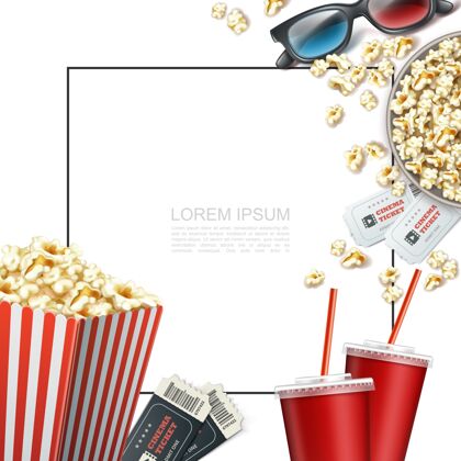 电影现实的电影元素模板与文本框架三维眼镜票汽水杯条纹纸盒和爆米花桶纸盒子食物
