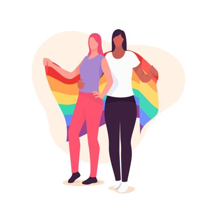 插图美丽的同性恋夫妇与lgbt旗帜插图女人同性恋情侣