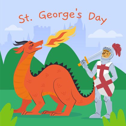 插画卡通圣乔治日插图与骑士和龙4月23日卡通节日