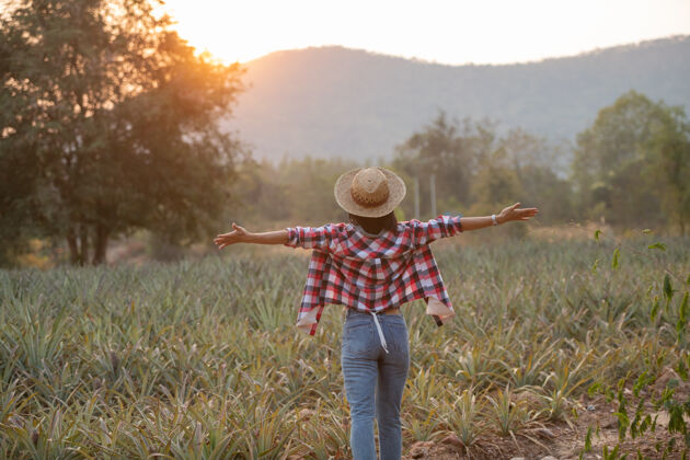 积极亚洲女农场主在农场里看到菠萝的生长 年轻漂亮的农妇举起双臂站在农田上欢欣鼓舞的幸福帽子肖像食物