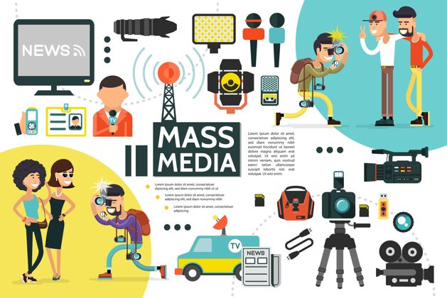 背景平面大众媒体信息图表模板与记者身份证麦克风新闻车摄像头场景社交横幅