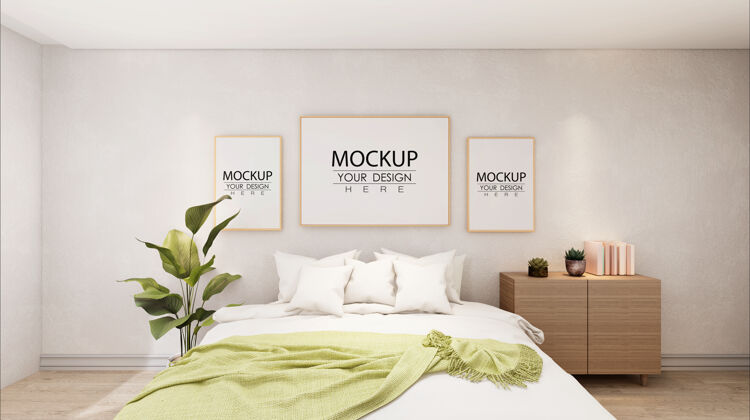 植物海报框架模拟卧室内部枕头图片室内