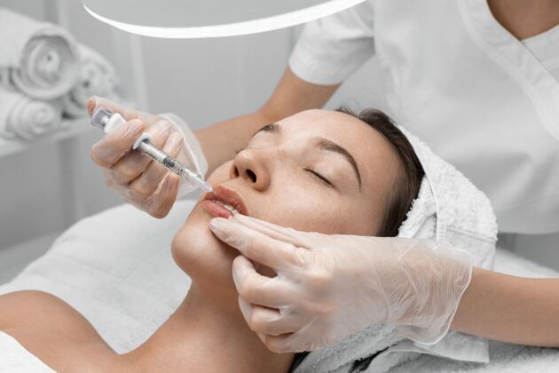 女人美容师在给女性客户注射填充物美容护理化妆品美容院