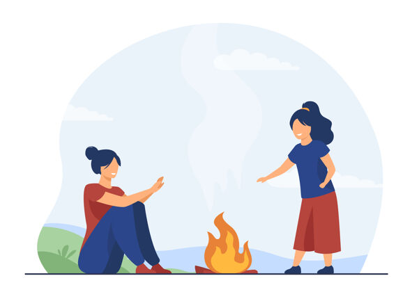 角色妈妈和孩子喜欢在户外野营快乐的女人和女孩在火上暖手卡通插图温暖风景公寓