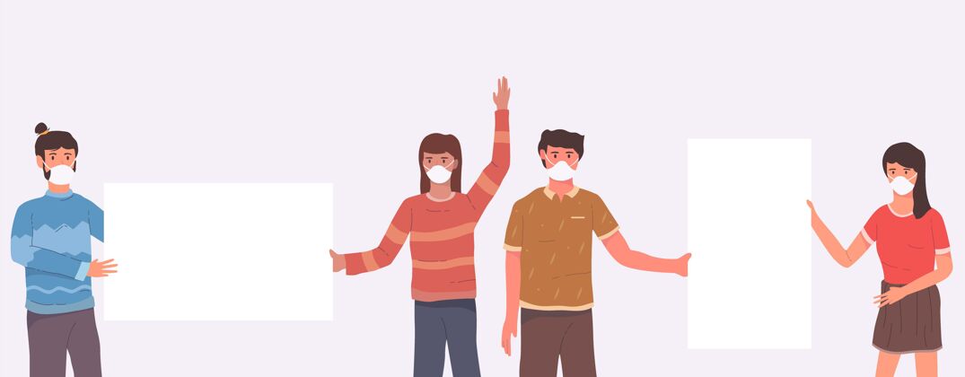 大流行戴着医用口罩 贴着空白标语牌的平手画的人抗议病毒感染