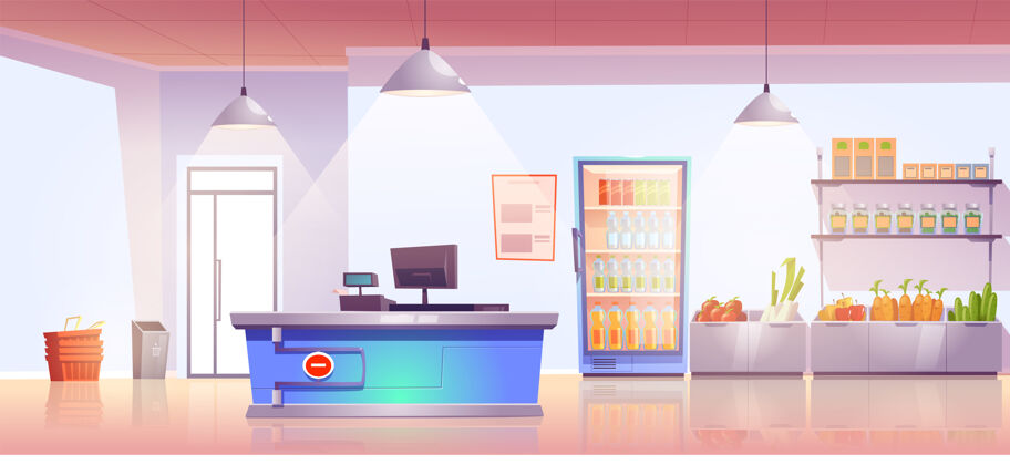 有机杂货店有收银台 货架上有产品 冰箱里有冷饮地方水果柜台