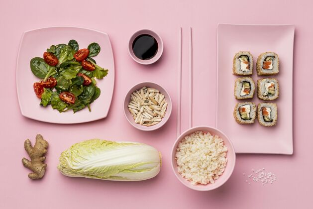 美食灵活的饮食与寿司平铺美味俯视图分类