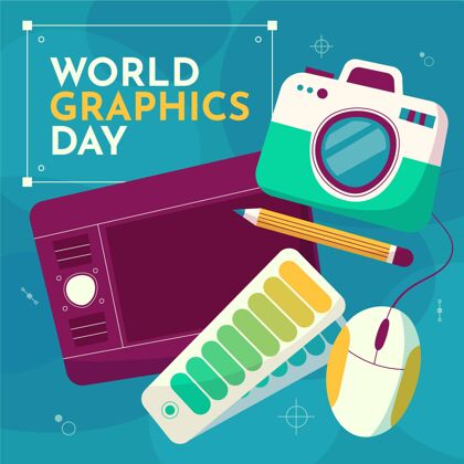 相机手绘世界图形日插图与相机和图形平板电脑插图鼠标铅笔