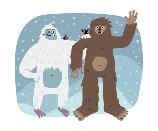 吓坏了手绘大脚大脚怪和雪人可爱的雪人插图吓人插图可恶的雪人