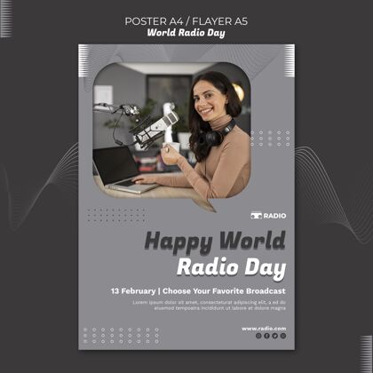 广播世界广播日女性播音员垂直海报女性全球沟通