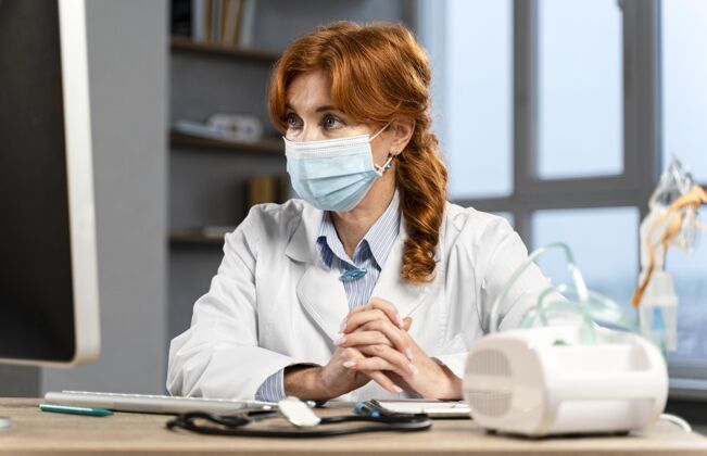 医学女医生戴着医用面罩坐在办公桌前看电脑职业专家医生
