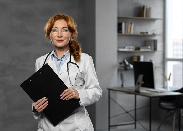 职业女医生拿着有复印空间的剪贴板的前视图妇女办公室卫生工作者