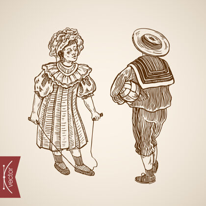 套装女孩男孩后视图传统穿着旧时装套装帽子跳绳球集鞋子游戏背面