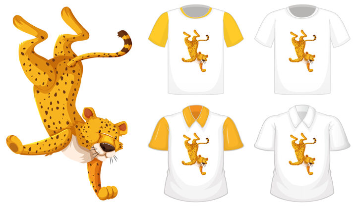 豹子豹子在跳舞的立场卡通人物与白色背景上的衬衫多种类型老虎生物徽标