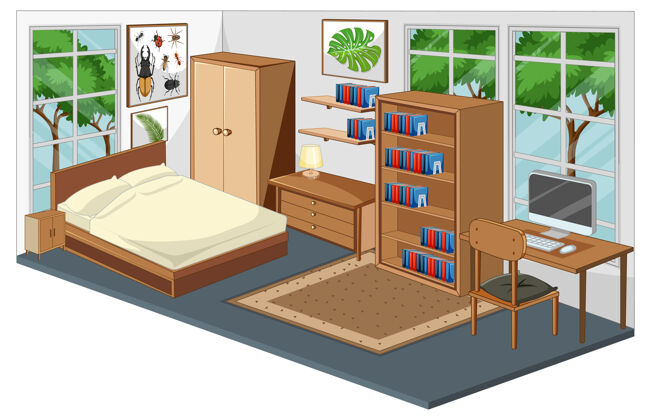 技术卧室室内配有现代风格的家具装饰卡通家具