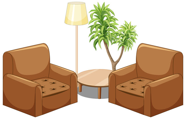 室内棕色沙发家具与灯和树隔离在白色背景上沙发灯建筑