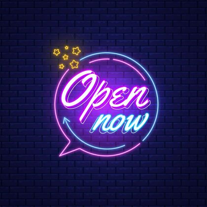 公告“我们开门”霓虹灯标志重新开业商店欢迎