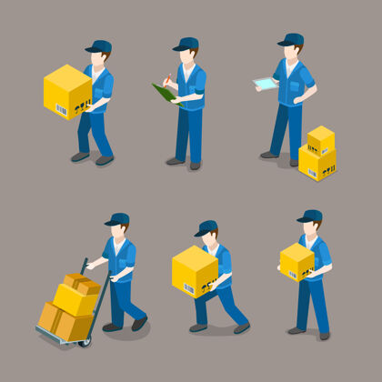 服务平面等距送货员在工作图标集交货板条箱工作