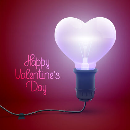爱情人节快乐海报与问候语和现实照明有线灯泡在心形矢量插图天电线电线