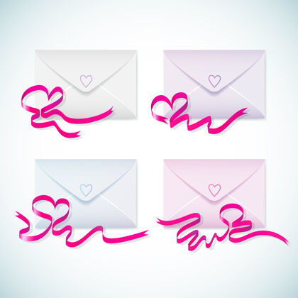 感情可爱的粉彩信封设置与明亮的紫色丝带和心隔离情人节蝴蝶结优雅