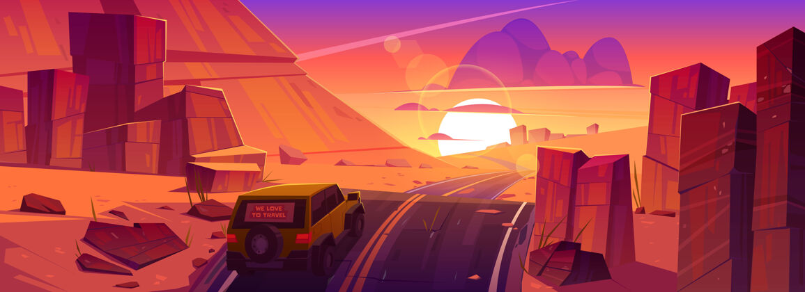 自然汽车行驶在日落沙漠或峡谷的道路上美丽的风景与红橙色的天空和太阳下来峡谷汽车方式