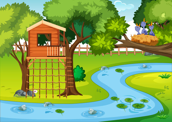 年轻卡通风格的自然公园场景森林户外池塘