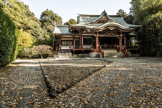 建筑日本寺庙的正视图寺庙传统结构