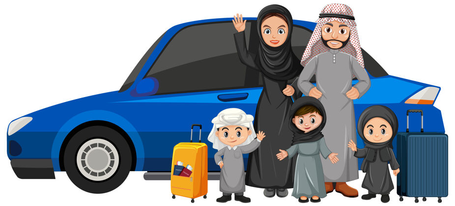 度假阿拉伯家庭度假装备孩子站立