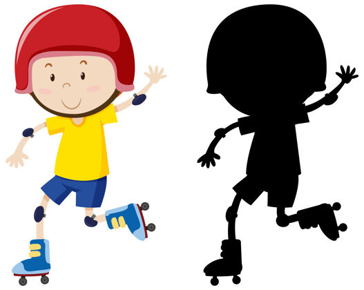 剪影男孩玩溜冰鞋的颜色和轮廓青年轮廓卡通