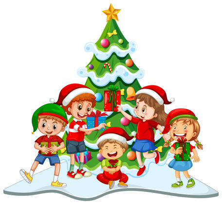 礼物一群穿着圣诞服装的孩子圣诞树感觉圣诞老人