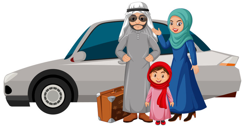 旅行阿拉伯家庭带着车度假居住装备人