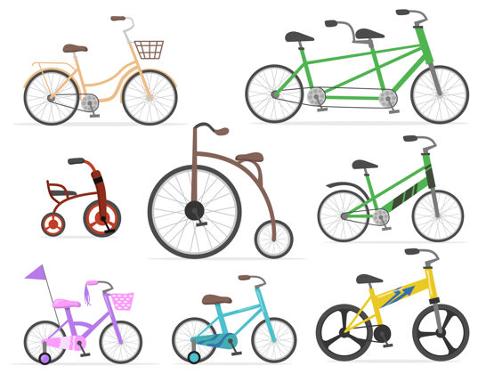 自行车现代和复古自行车平面设置网页设计卡通画旧自行车和可爱的自行车在明亮的颜色隔离矢量插图收集交通 自行车和比赛的概念自行车活动自行车