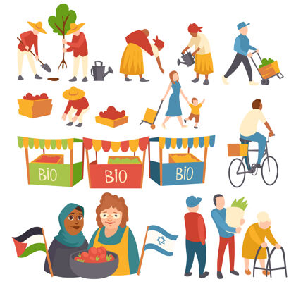 食物一组图标人们种树 收割庄稼的领域 母亲与孩子 妇女与作物举行巴勒斯坦和以色列国旗 生物产品在市场摊位卡通平面插图摊位帮助树