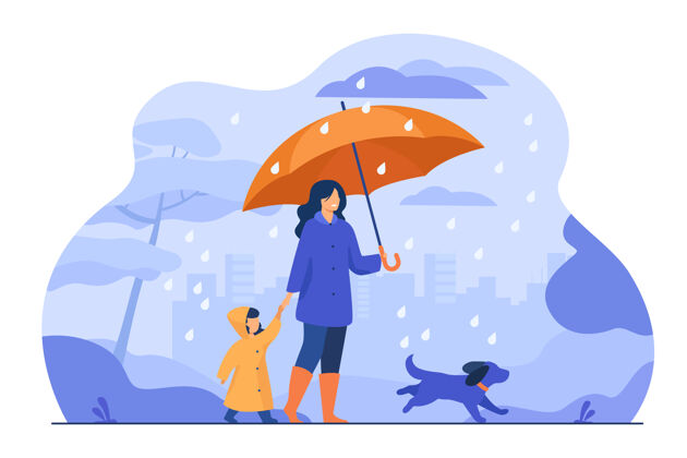 雨伞带着雨伞的女人 穿着雨衣的女孩和雨中遛狗在城市公园家庭活动 恶劣天气 倾盆大雨概念的矢量插图一起坏下雨