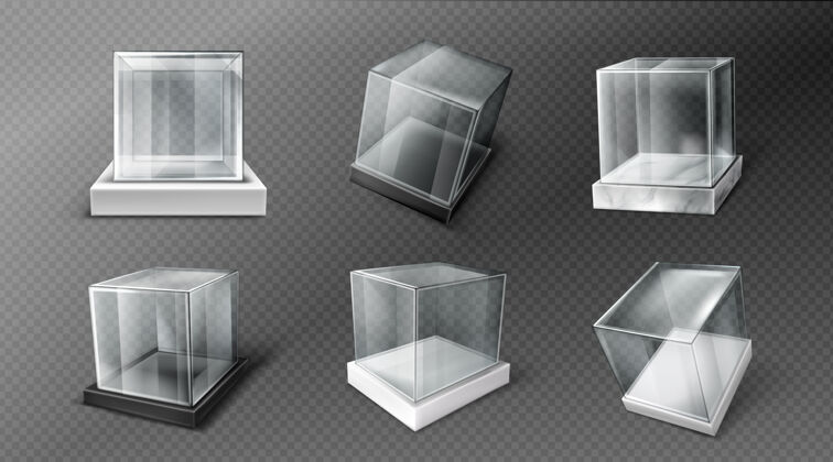支架黑色 白色和大理石支架上的玻璃立方体盒子塑料展示半透明
