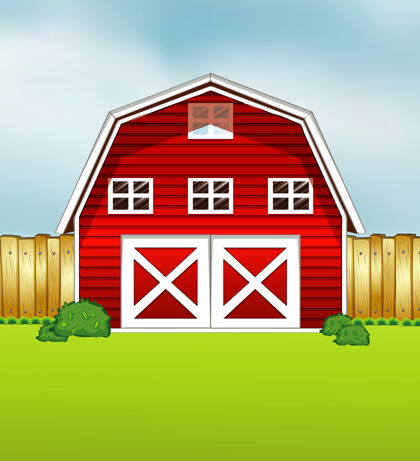 卡通绿色和天空背景上的红色谷仓卡通风格乡村棚屋谷仓