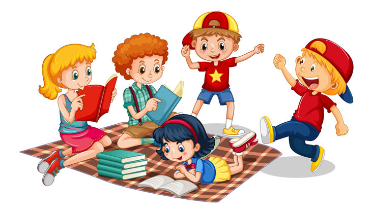 孩子白色背景上的一群幼儿卡通人物朋友微笑阅读